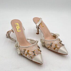 FSJ Women Pointed Toe Heel Pumps Slingback Cap Toe High Heel Sexy Ankle Strap Pa